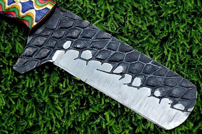Carbon steel blade Bull cutter knife, 8.5 inches long knife with Leather sheath, Multi color Micarta scale Jigged with sturls, Embossed carbon steel blade