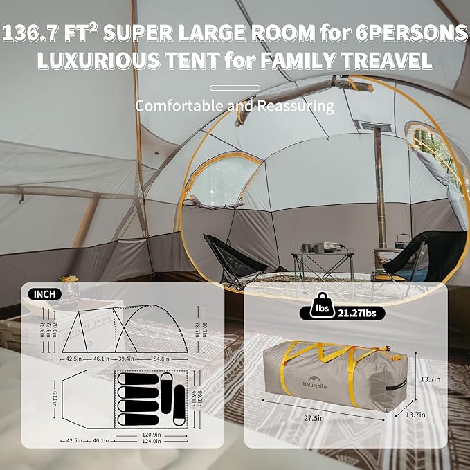 Naturehike KOTA 4-6 Person Camping Tent, Double Layer Waterproof 4 Person 6 Person Tents for Camping, Large and Tall Family Tent with Vestibules