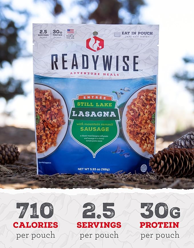 READYWISE - Adventure Meal, Cheesy Lasagna, 2 Servings, Pack of 1, Emergency Preparedness, Freeze Dried Food, MRE, Snack Pack or Emergency Food, Backpacking, Camping, Hiking, and, Survival Food