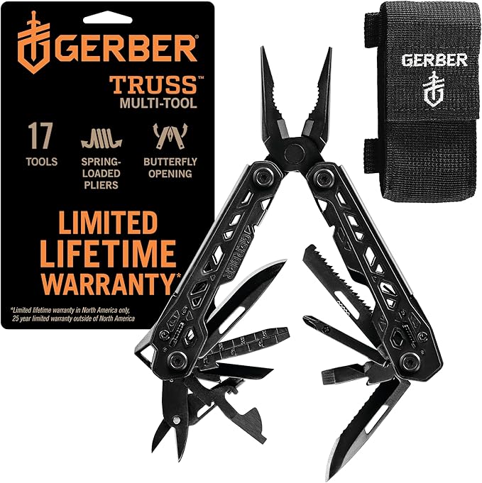 Gerber Gear Truss 17-in-1 Needle Nose Pliers Multi-tool with MOLLE Sheath - Multi-Plier, Pocket Knife, Serrated Blade, Screwdriver, Bottle Opener - EDC Gear and Equipment - Black