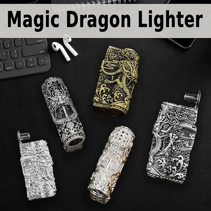 Cool Embossed Design Kerosene Wheel Lighter Refillable Eco-Friendly, Vintage Dazzling & Ultra-Cool, Unique for Men Candles Gift Camping BBQ (No Kerosene) (20#)