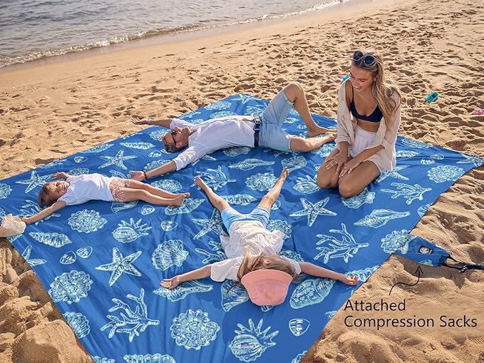 WEKAPO Beach Blanket Waterproof Sandproof Oversized, Extra Large Beach Mat Sand Free, Lightweight & Compact Sand Free Mat with 6 Stakes & 4 Corner Pockets