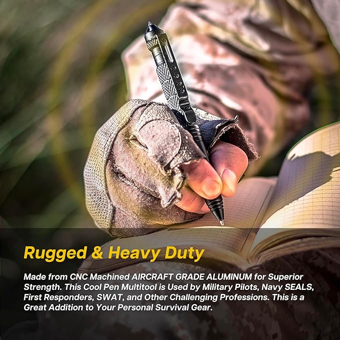 Tactical Pen Multitool – Gifts For Men Dad - Diamond Thread Grip, Strong Rugged Aluminum EDC Survival Gear, Pocket Military Writing Glass Breaker, Pen Collection - Black Card