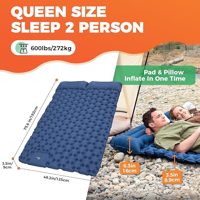 KingCamp Sleeping Pads for Camping, Self Inflating Camping Mattress with Built-in Foot Pump, Connectable Durable Inflatable Sleeping Mat with Pillow, Compact Camping Air Mattress for Camping Hiking