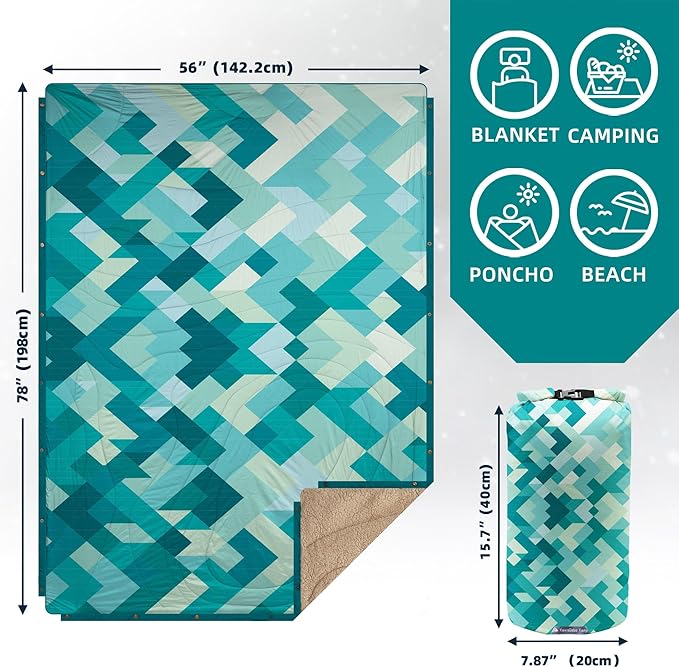 Outdoor Camping Blanket with Sherpa Lining, Extra Warm Thick Camp Blankets & Puffy Ultralight Soft Poncho DWR Camping Quilt for Cold Weather, Adventure,Sleeping,Backpacking 78"x 56"