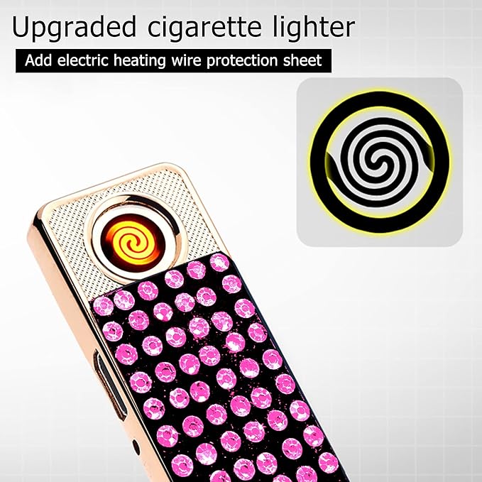 Rhinestone Lighter Electric Lighter Rechargeable Bling Glitter USB Lighter Flameless Girls Lighter for Women (Pink)