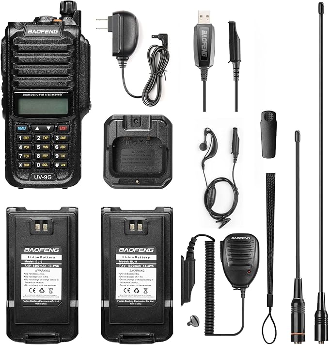 BAOFENG UV-9G GMRS Handheld Radio Waterproof IP67, Two Way Radios Long Range Dual Band NOAA Scanner GMRS Repeater Capable, Support CHIRP, with Two Batteries, 15.5" High Gain Antenna, Programming Cable