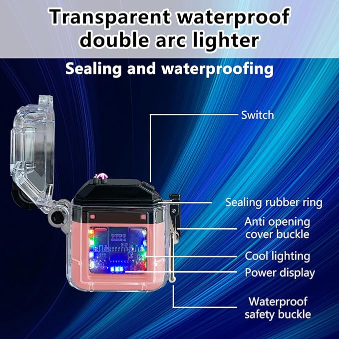 Waterproof Arc Lighter, Double Arc Flameless Plasma Lighter with Type C Charging Cord and Cord, LED Power Indicator Light, Electric Lighter for Indoor and Outdoor Camping and Cooking,IP56 Rated(Pink)