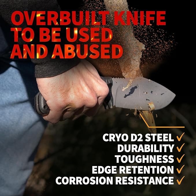 Off-Grid Knives - Alpha-Dog Heavy Duty Fixed Blade Knife, 5mm Thick Cryogenic D2 Blade Steel, Full Tang, G10 Scales, XL Handle