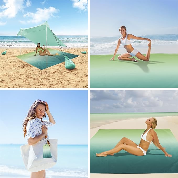 Beach Blanket Waterproof Sandproof, Large Beach Picnic Blankets Foldable Sand Free, Beach Mat Windproof w/Stakes and Corner Pocket for Outdoor, Travel, Camping, Hiking, Beach Essentials-Green Gradient