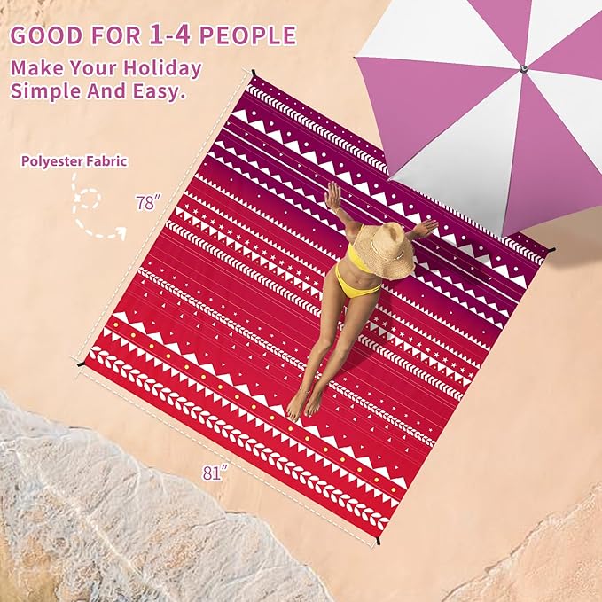 BYDOLL Beach Blanket Sandproof Waterproof Boho 78''×81''1-4 Adults Compact Lightweight Oversized Beach Blanket Large Picnic Mat Blanket for Travel Camping Hiking Picnic