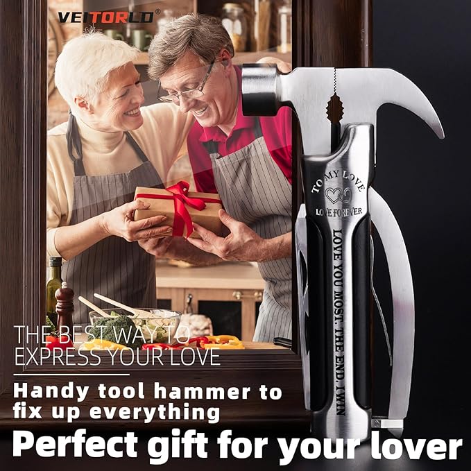 VEITORLD Gifts for Husband Boyfriend Him, Anniversary Birthday Gift Ideas for Men Him, All in One Tools Mini Hammer Multitool with Engraved Wooden Box, Cool Gadgets Camping Accessories Survival Gear