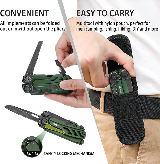 NexTool Flagship Pro, Multi Tool, Multitool Pliers with Folding Scissors, Replaceable Wire Cutters and Safety Locking, Multi Tool Pocket Knife, Survival Tools with Glass Breaker, Gifts for Men-Green