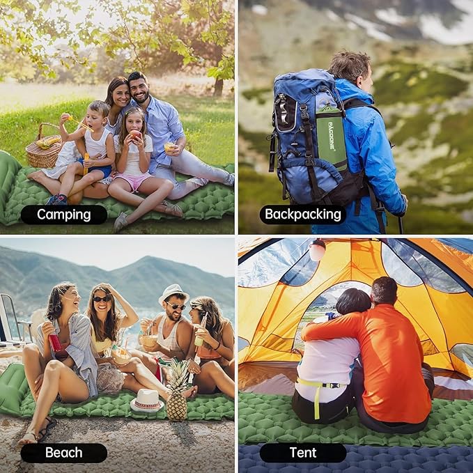 Camping Sleeping Pad with Compass, Ultralight Inflatable Sleeping Mat with Pillow, Built-in Foot Pump, Portable Camping Air Mattress for Backpacking Hiking Traveling Tent(Green)