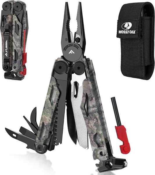 FLISSA Multitool, 18 in 1 Camo Multitool Pliers with Fire Starter, Window Breaker, Whistler, Stainless Steel EDC Gear with Sheath - Perfect for Survival, Simple Repair, Outdoor, Camping