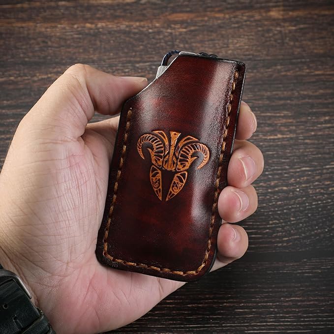 Knife Denka C02 Thumb Stud Knife,2.6" M390 Steel Satin Pocket Knife,3.35" Titanium Handle Folding Knife with Leather Sheath(grey & Leather Sheath)