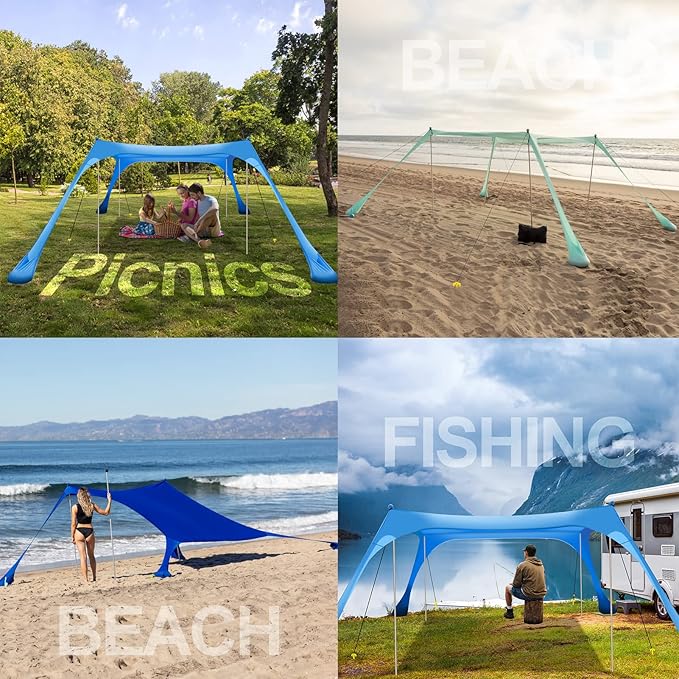 Buheco Beach Tent Pop Up Shade 7x7.5ft Beach Canopy Sun Shelter UPF50+ with 4 Foldable Poles Portable Carrying Bag Sand Shovel Ground Pegs Windproof Ropes for Outdoor Family Camping Fishing Picnic