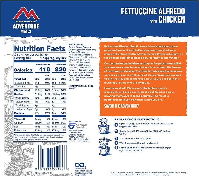 Mountain House Fettuccine Alfredo with Chicken | Freeze Dried Backpacking & Camping Food | 2-Servings