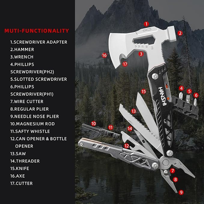 Camping Axe Multitool with YG10 Tungsten Steel Replaceable Wire Cutters for Gift,17 in 1 Multi Tool with Spring-Action Pliers,Knife,Screwdriver,Flint Rob,Safty Whistle with Nylon Sheath (Black)