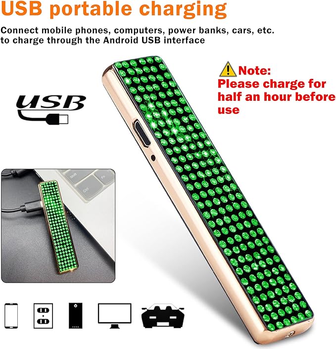 Rhinestone Lighter Electric Lighter Rechargeable Bling Glitter USB Lighter Flameless Girls Lighter for Women (Green)