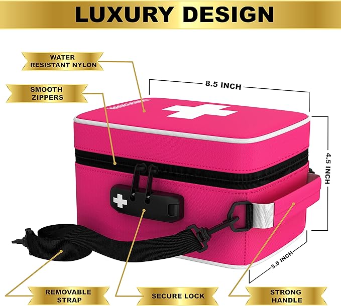 GREEN CROSS Medicine Bag with Combination Lock 8.5" x 5.5" x 4.5"(Pink Nylon)