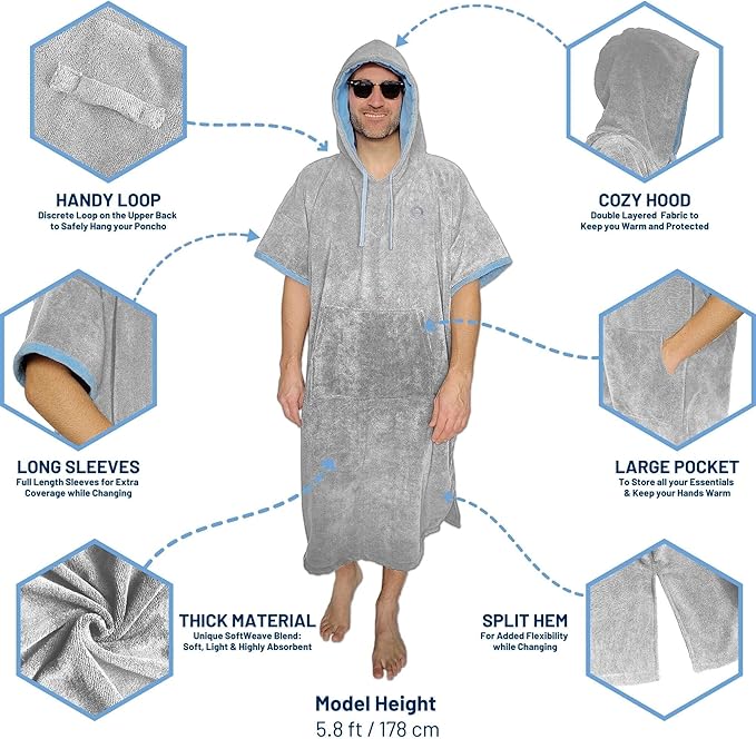 Hang 11' Surf Poncho - Surf Changing Poncho with Front Pocket, Changing Towel Poncho Adult, Swim Poncho Towel, Hooded Towel Adult, Beach Poncho, Wearable Towel, Beach Changing Poncho