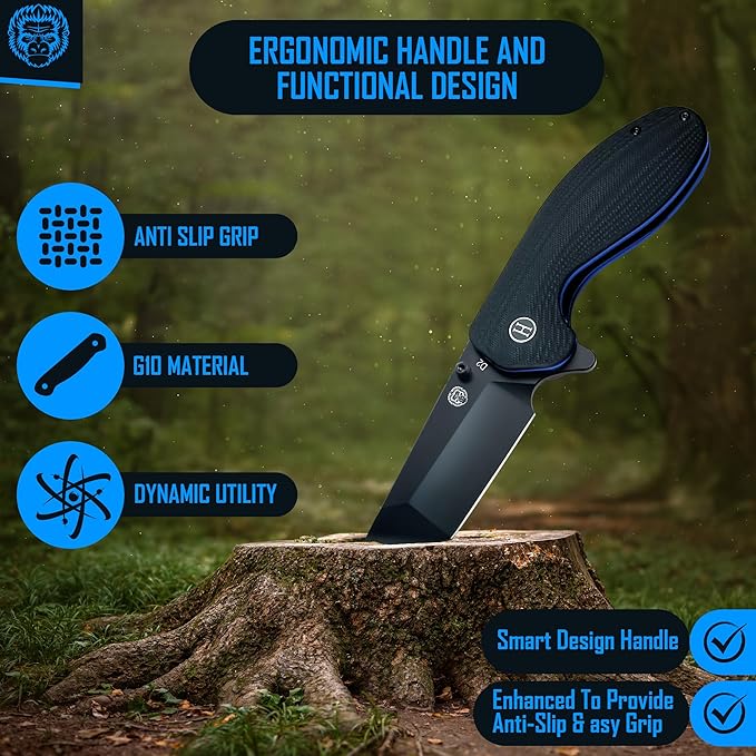 Holtzman's Gorilla Survival 'Patriot' Folding Knife featuring D2 Steel Blade with G10 Handle in Gift Box Set (Black+Blue)