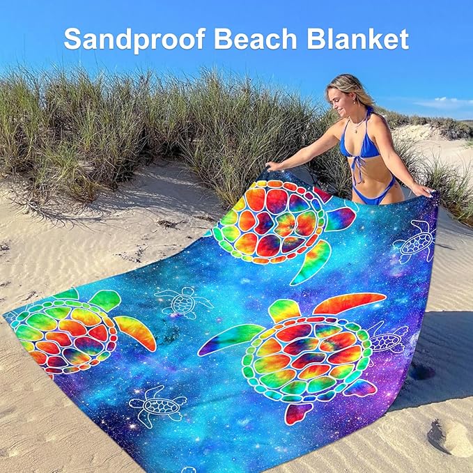 78''×86'' Large Beach Blanket 4 Adults, Sand Free Waterproof Outdoor Beach Mat with 4 Stakes & 4 Pockets, Polyester Lightweight Foldable Picnic Blanket for Travel, Camping, Hiking - Galactic Turtles