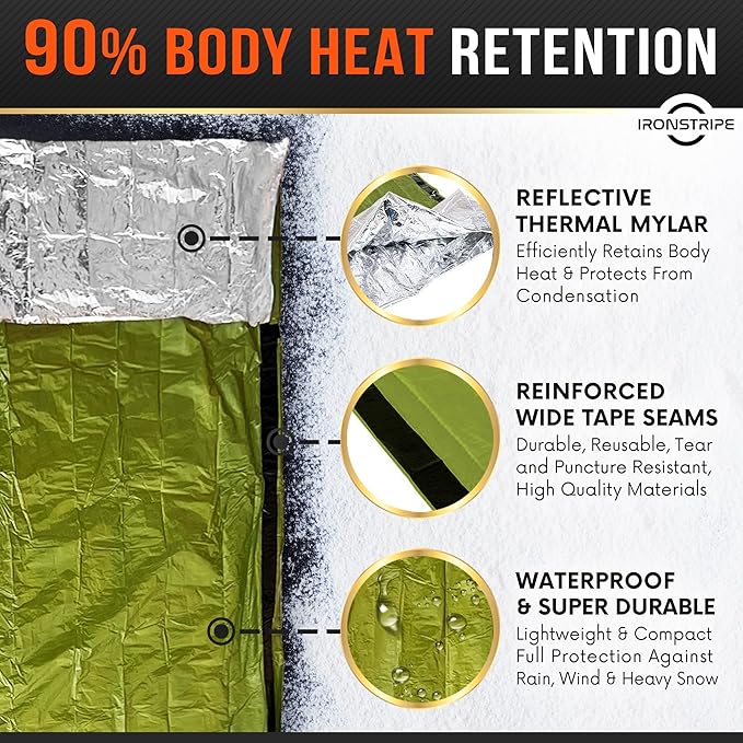 Bivy Sack Emergency Sleeping Bag – XL Waterproof Survival Sleeping Bag with Emergency Whistle, Built-in Hood & Thermal Mylar – Tear & Puncture-Resistant Emergency Bivy Bag