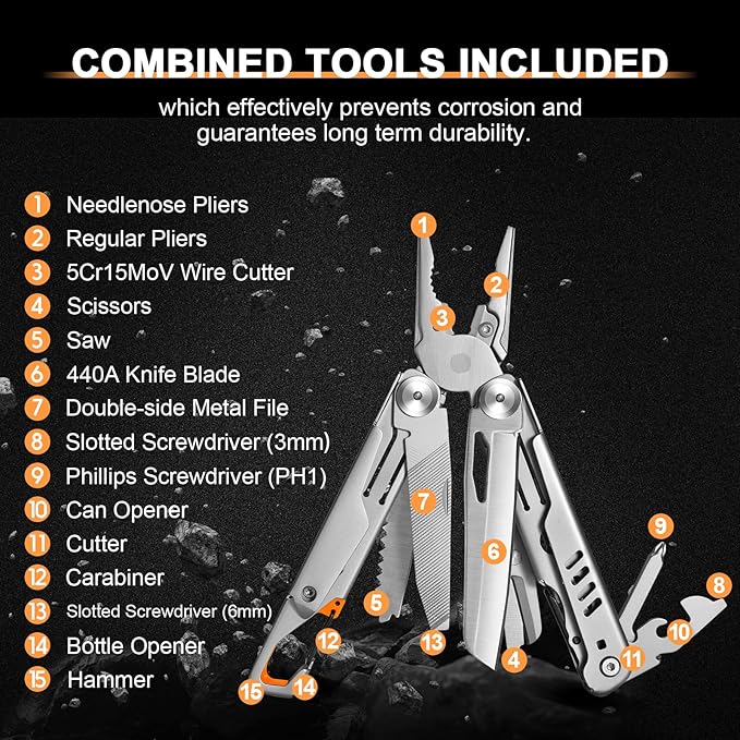 Multitool Pliers with Carabiner - 15-in-1 Keychain Multi tool for Men Replaceable Blades Screwdrivers Pocket Knife Bottle Can Opener File Ruler Scissors Survival Camping Gear Sheath Belt Clip