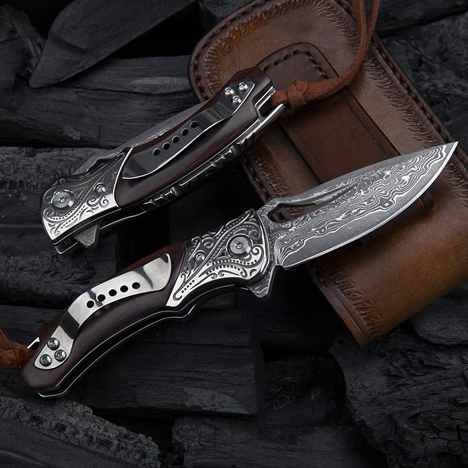 Japanese handmade vg10 damascus steel folding knife with pocket clip,leather sheath,rosewood handle knives for men