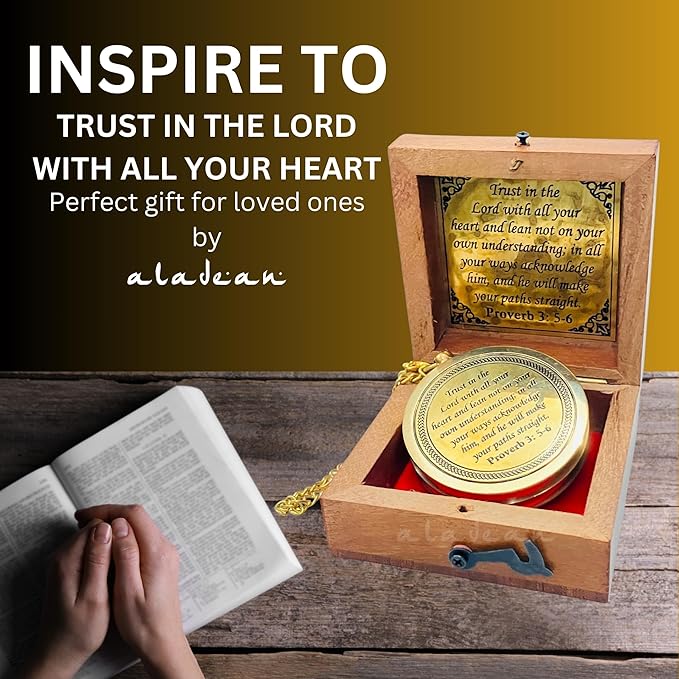 Trust in The Lord - Proverbs 3: 5-6 Engraved Compass, Wood Box Greeting, Inspirational Gift Men, Christian Boys Baptism Gifts, Graduation Day