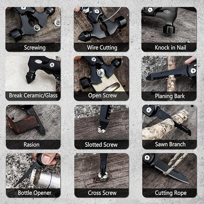 Pocket Knife Multitool, 12-in-1 Outdoor Survival Gear, Folding Knife, Unique Gift, Camping Multi-tool, Emergency Breaker, Hammer, Screwdriver, Pliers, Saw, with dual safety locks, with Nylon Sheath
