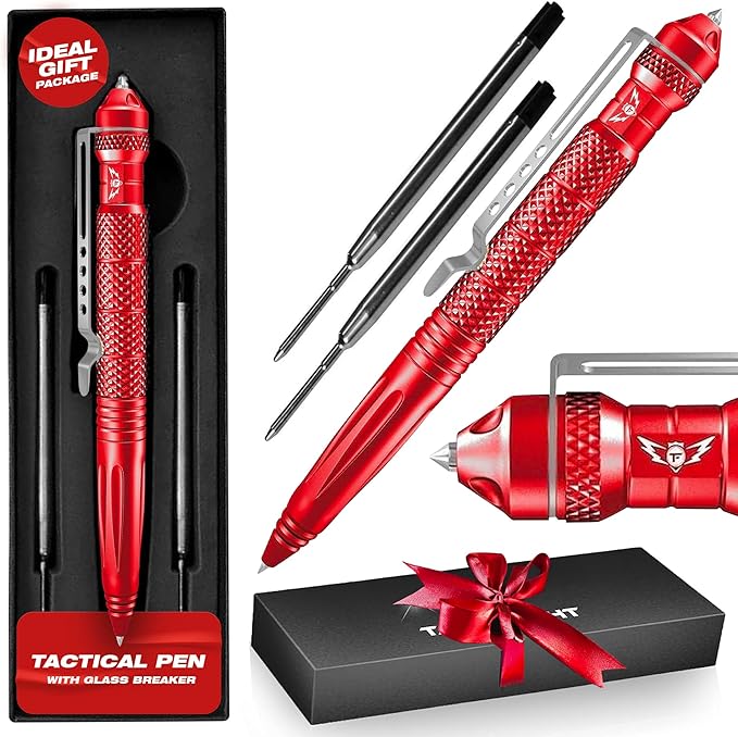 Tactical Pen Multitool – Gifts For Men Dad - Diamond Thread Grip, Strong Rugged Aluminum EDC Survival Gear, Pocket Military Writing Glass Breaker, Pen Collection - Red