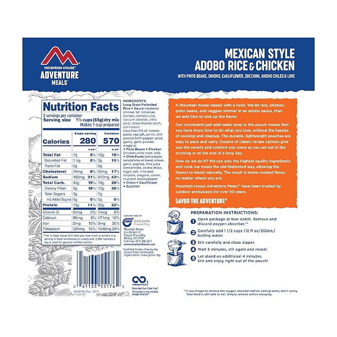 Mountain House Mexican Style Adobo Rice & Chicken | Freeze Dried Backpacking & Camping Food | 2-Servings | Gluten-Free