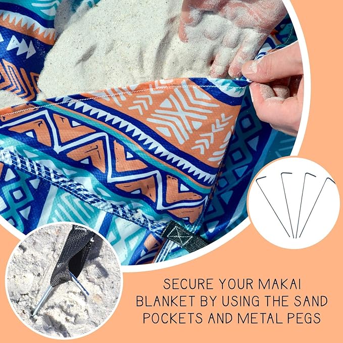 Makai – Lightweight Sheet Style Beach Blanket, Sand Dosen't Stick, Extra Large 8’ x 9’, Compact Strong Parachute Nylon Beach Mat, Stays Cool, Quick Drying, Multifunctional