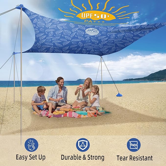 UMARDOO Family Beach Tent Canopy Sun Shade Portable, Large Compact Beach Sun Shelter Easy Setup with Packable Bag for Outdoor Travel (Printed Blue, 12X12 FT. 4Poles)