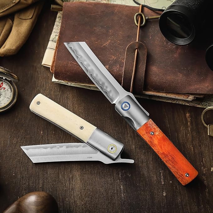 Higonokami Knives Folding Pocket EDC Knife for Men, 3.66" SKD11 Steel Blade, Ti Ring & Handmade OX Bone & Ti Bolster Handle,Leather Sheath for Camping Hiking knife, Kira-02W
