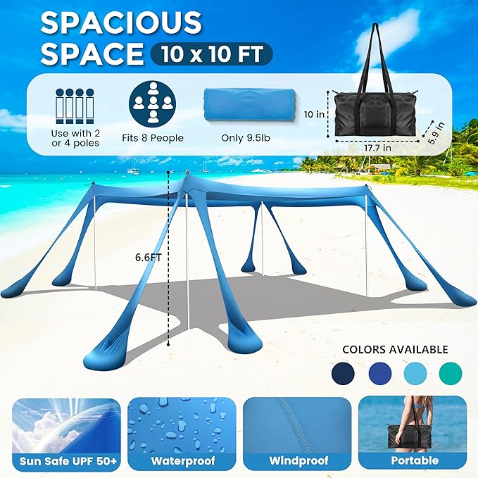 Beach Canopy Beach Tent Pop Up Shade 10x10ft Sun Shelter UPF50+ with 8 Sandbags-2 Sand Shovel-4 Aluminum Poles-Ground Pegs-Portable Carrying Bag for Outdoor Family Camping Fishing Yard Picnic