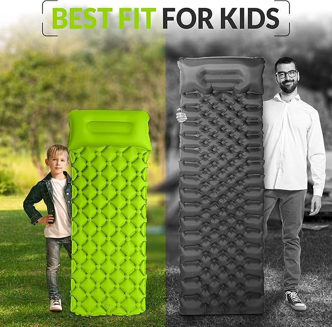 Kids Sleeping Pad for Camping and Sleepovers with Pillow, Inflatable Camping Mattress for Backpacking & Travel, Thick Toddler Cot Mat, Fast Inflating Camping Sleeping Pads for Kids