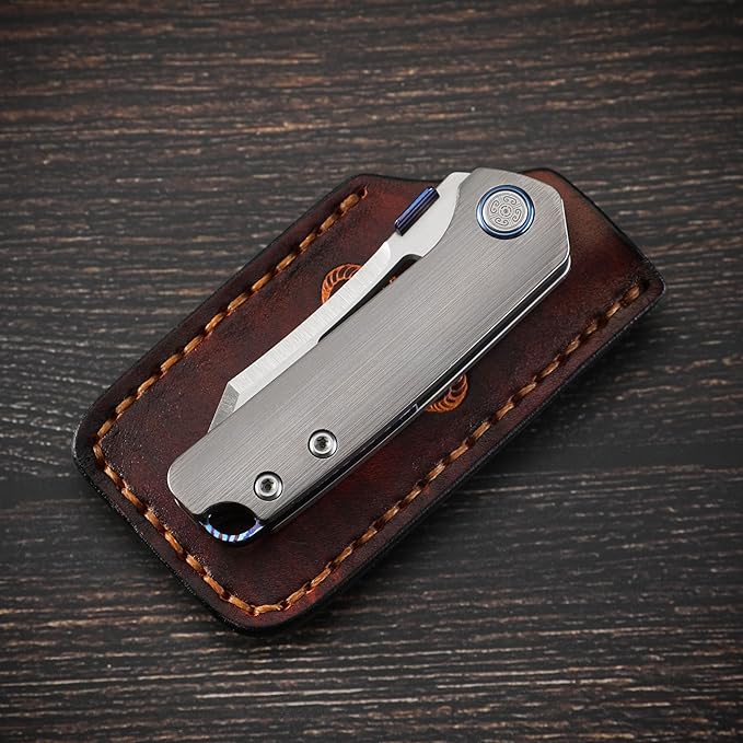 Knife Denka C02 Thumb Stud Knife,2.6" M390 Steel Satin Pocket Knife,3.35" Titanium Handle Folding Knife with Leather Sheath(grey & Leather Sheath)