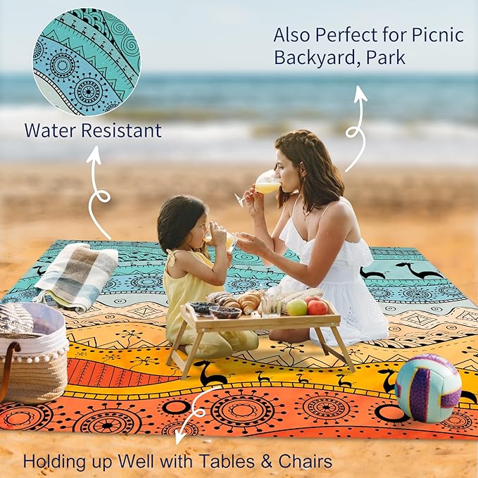 Beach Blanket Waterproof Sandproof 79"x 83" for 1-4 Adults,Quick Drying Beach Mat,Lightweight & Durable,Beach Essentials for Family Beach Camping Travel Picnic(Bohemian)