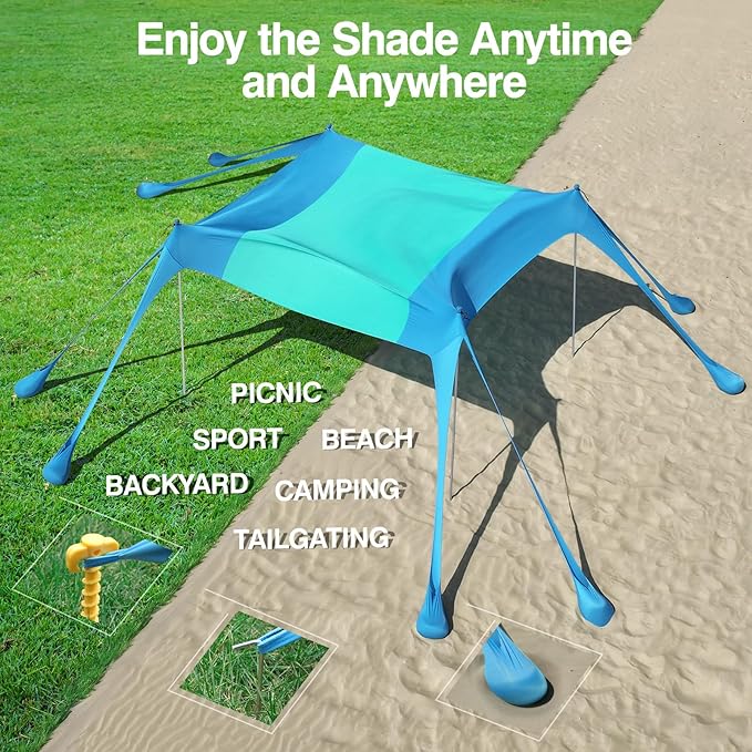 Rhino Valley Beach Tent Sun Shelter, Beach Canopy Tent Sun Shade UPF50+ Protection with 8 Sandbags 4 Stability Poles, Outdoor Beach Shade Canopy for Beach, Camping, Fishing
