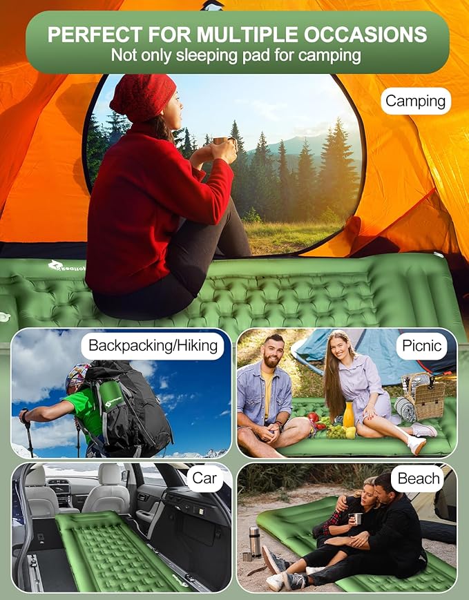 Sleeping Pad for Camping Extra Thick 5'' - Camping Sleeping Mat with Pillow, Self Inflating Camping Pad Built-in Foot Pump, Inflatable Mattress Camping Backpacking Hiking Traveling (Green)