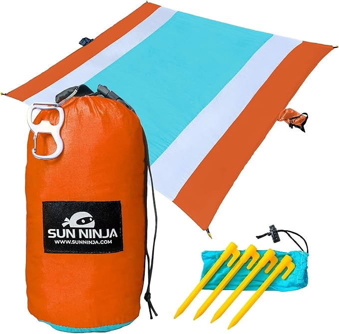 SUN NINJA Sand-Free Beach Blanket - 10ft X 9ft Lightweight Outdoor Blanket with Storage, Bottle Opener, Carabiner, Shoulder Strap, Corner Sand Pockets & 4 Stakes