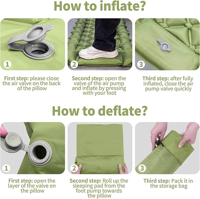 Single Sleeping Pad for Camping, Ultralight Inflatable Sleeping Mat with Pillow and Built-in Foot Pump, Portable Camping Mattress for Tent, Backpacking, Hiking, Traveling(Green)