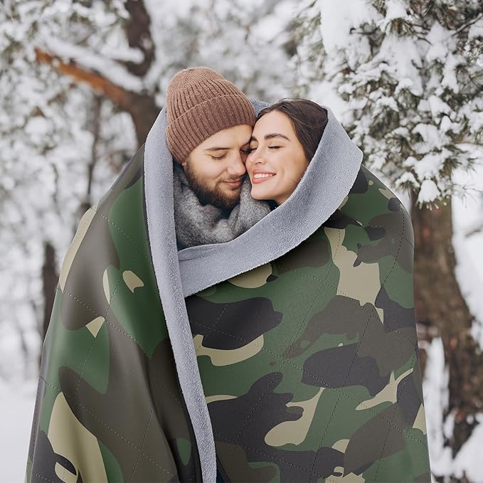 Titanker Outdoor Picnic Blankets, Camping Blanket Waterproof Blanket and Outdoor Pillow 2-in-1, 83''X 55'' Car Blanket with Storage Bag, Stadium Blanket Beach Blanket, Camo Green