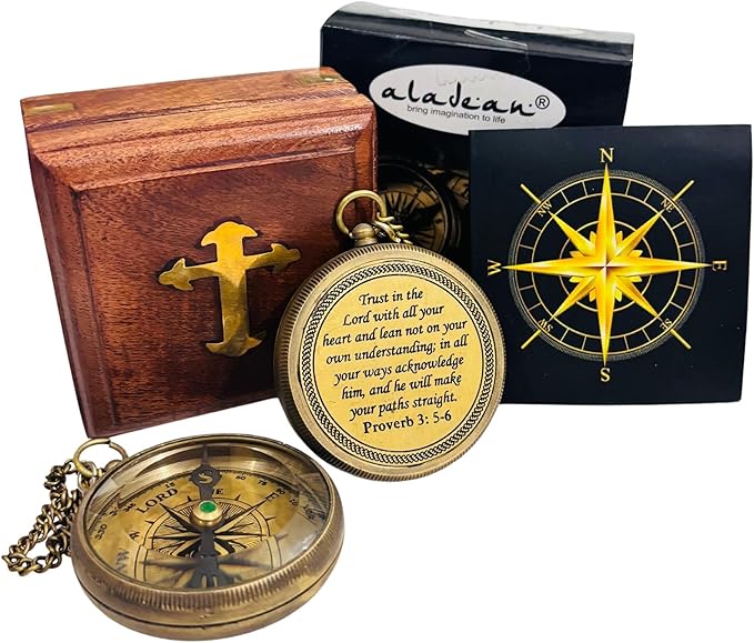 Trust in The Lord - Proverbs 3: 5-6 Engraved Compass, Wood Box Greeting, Inspirational Gift Men, Christian Boys Baptism Gifts, Graduation Day