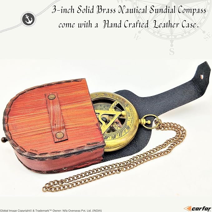 Nautical Sunclock Compass Handmade Solid Brass Vintage Style Sundial Push Open Navigational Compass with Leather Gift Case Best for Your Loved Ones