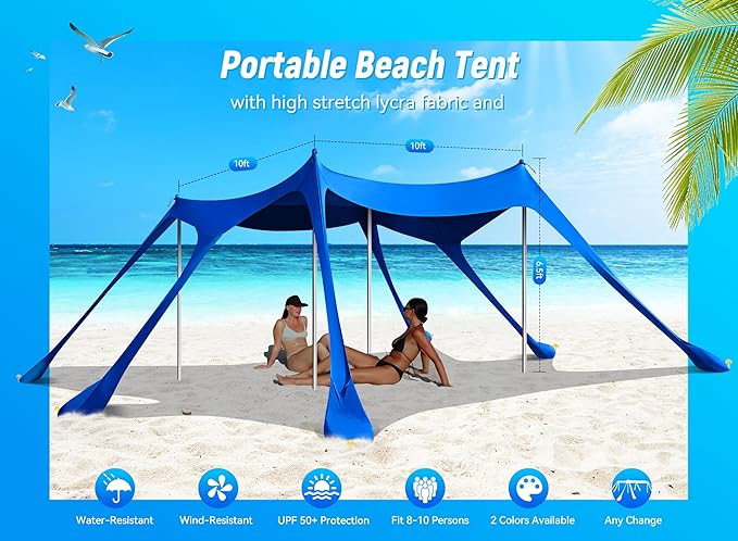 Beach Tent, Camping Sun Shelter UPF50+ with 6 Sandbags, 2 Sand Shovel, 4 Stability Poles, Outdoor Pop UP Beach Canopy for Camping Trips, Fishing, Backyard Fun, Picnics-Dark Blue